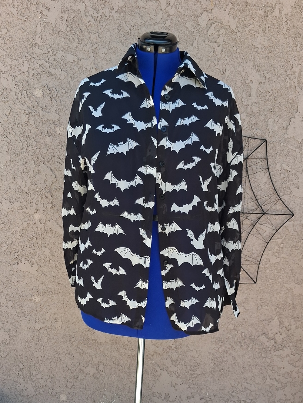 Black Sheer Bat Print Button-Up Shirt